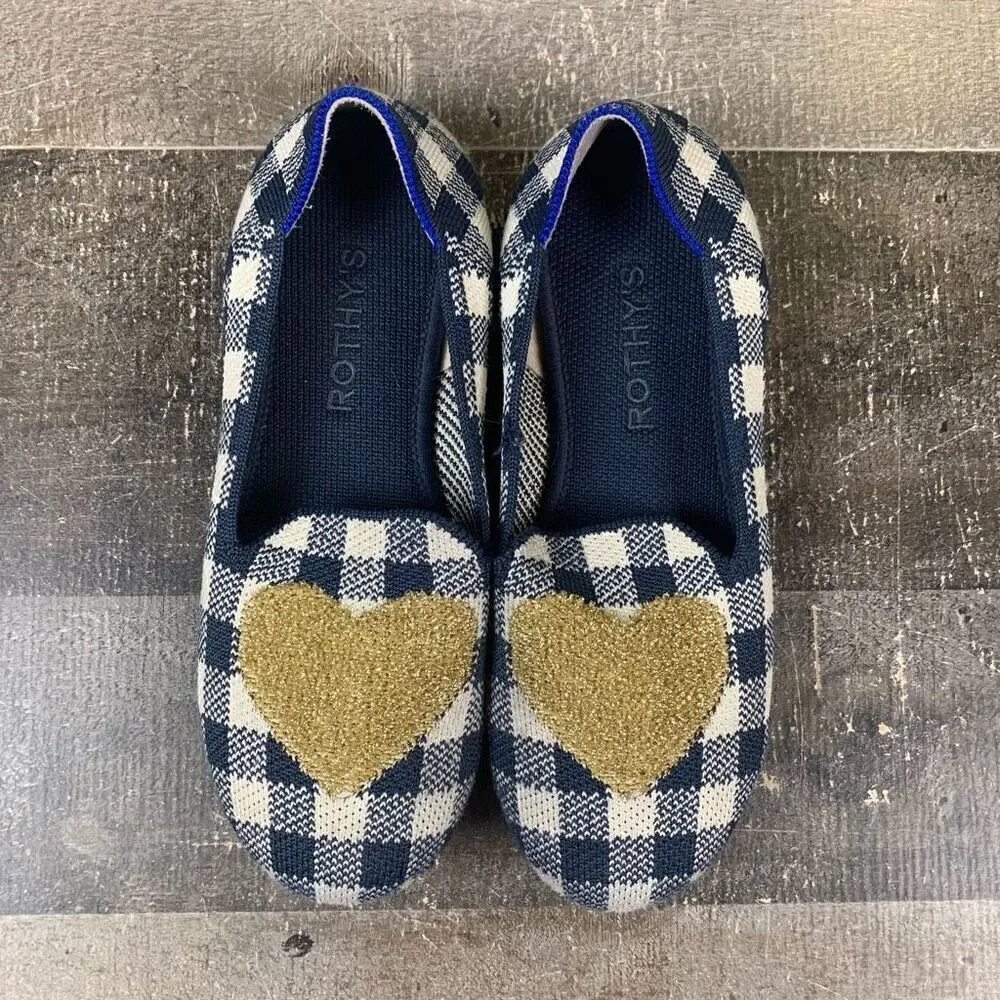 Rothy’s Big Girls Size 3 Gingham Loafers Gold Glitter Heart Plaid Ballet Flats